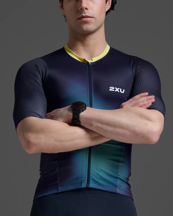 2XU Men's Aero Hex Sleeved Tri Top - Midnight/Cool Matcha