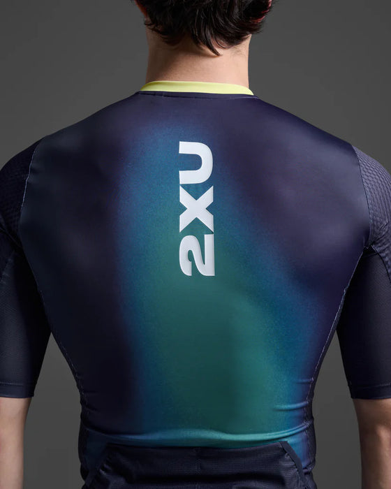 2XU Men's Aero Hex Sleeved Tri Top - Midnight/Cool Matcha