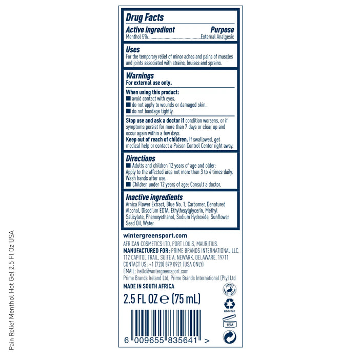Wintergreen Pain Relief Menthol Hot Gel 2.5oz